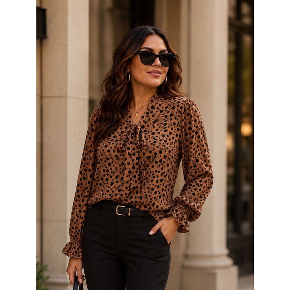 easel Brown Leopard Print Tie-Neck Blouse